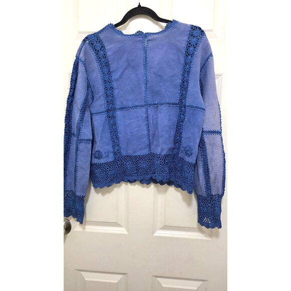 Vintage S.M.H Suede Crochet Lace Button-Front Jacket Long Sleeve Floral Details - Picture 2 of 8